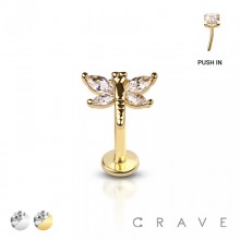 CZ PRONG DRAGONFLY THREADLESS (PUSH IN) 316L SURGICAL STEEL LABRET/MONROE WITH PRONG SET